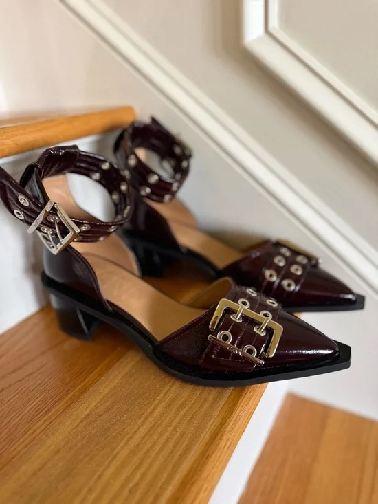 Ganni Chunky Buckle Open-Cut Pumps Burgundy Faux Leather  40  (US 9–9.5) - Picture 3 of 11
